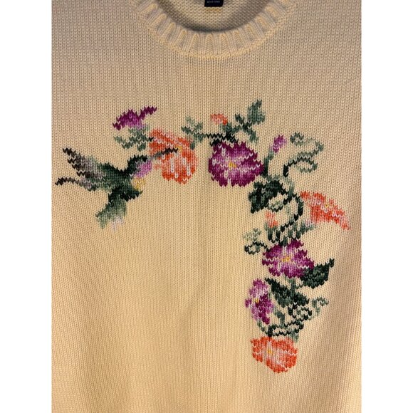 Lands End Womens Medium 10/12 Yellow Knit Sweater Floral & Hummingbird Granny - Picture 3 of 9